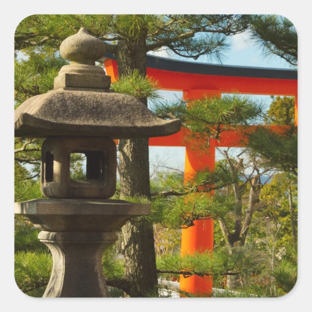 Pegatina Cuadrada Linterna de piedra y puerta Torii (Anverso)