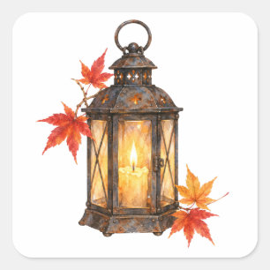 Pegatina Cuadrada Linterna y hojas de otoño