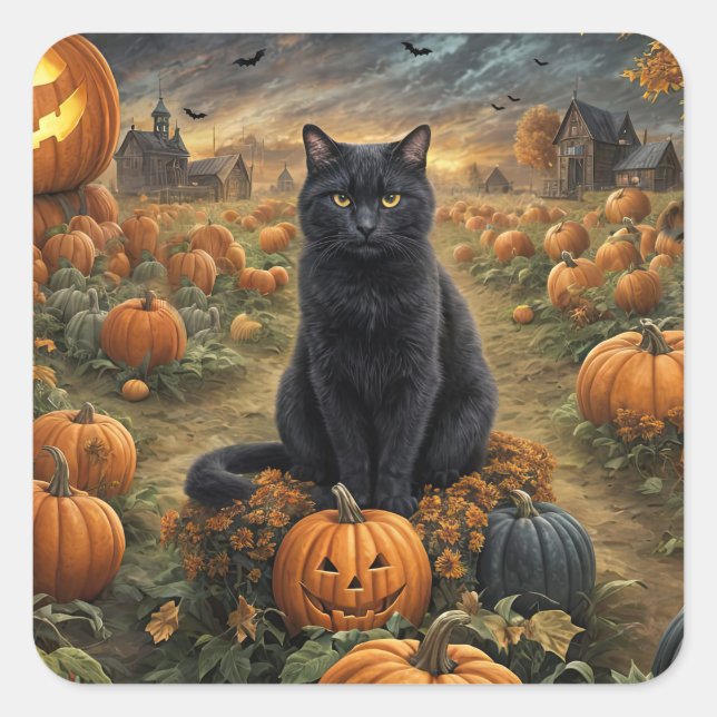Pegatina Cuadrada Linternas Jack O de gato negro de Halloween (Anverso)