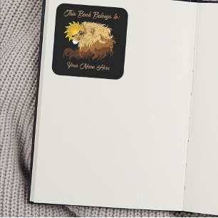 Pegatina Cuadrada Lion Black Yellow Mandala Sun Bookplate