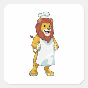 Pegatina Cuadrada Lion como cocinero con gorra chef y delantal de co