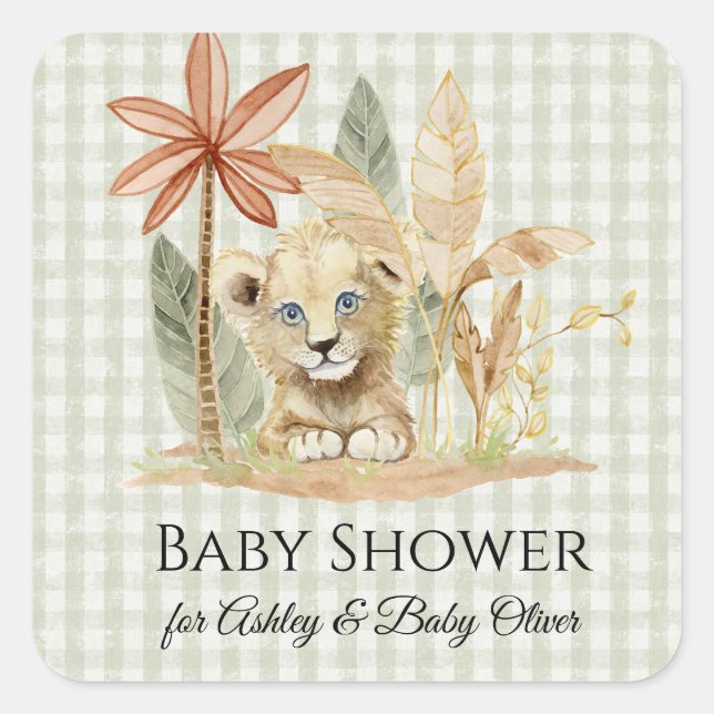 Pegatina Cuadrada Lion Little King Zebra Girafa Safari Baby Shower (Anverso)