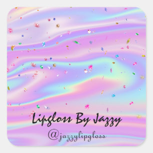 Pegatina Cuadrada Lipgloss Makeup Confetti rosado Holograma