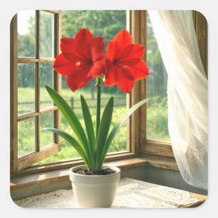 Pegatina Cuadrada Lirio Amarilis Rojo Florido en Ventana Soleada