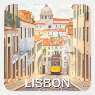 Pegatina Cuadrada Lisboa Portugal Panteón Alfama Acuarela
