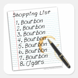 PEGATINA CUADRADA LISTA DE COMPRAS DE BOURBON HUMOR DE COCTELES