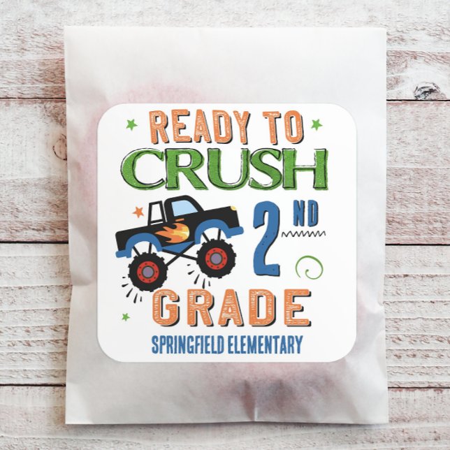 Pegatina Cuadrada Listo para Aplastar 2do Grado (Customize this back to school sticker with your grade level and school or teacher name.)