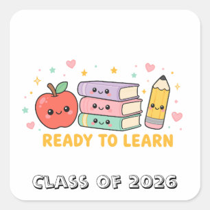 Pegatina Cuadrada Listo para aprender manzana escolar kawaii