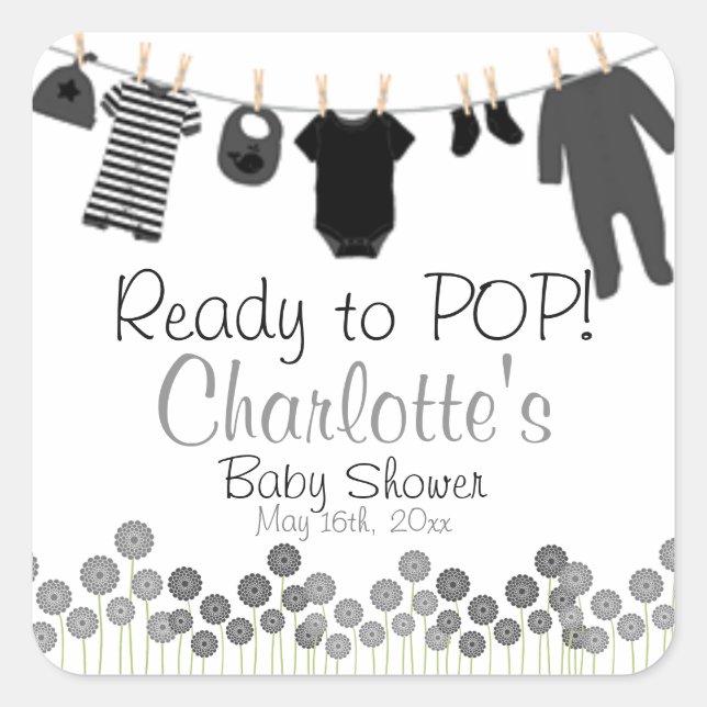 Pegatina Cuadrada ¡Listo para POP! Clothesline Baby Shower (Anverso)