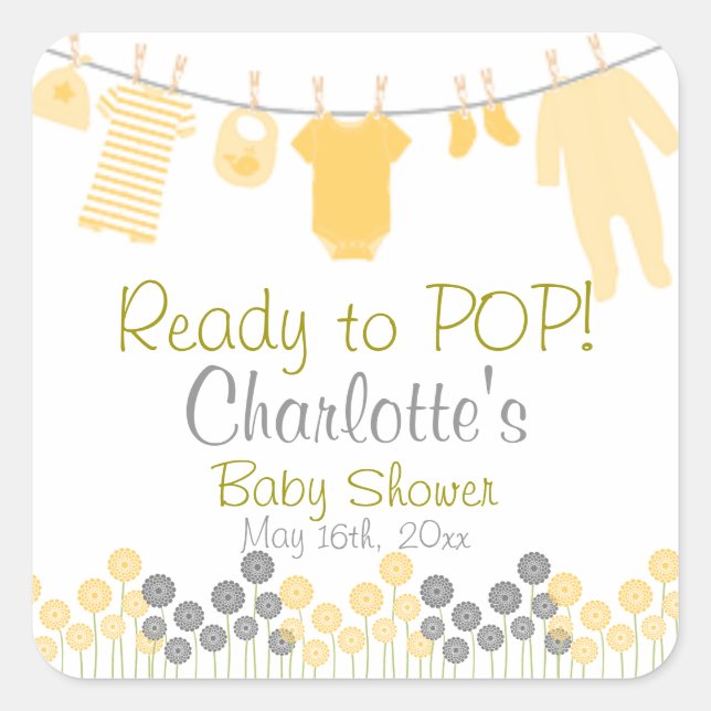 Pegatina Cuadrada ¡Listo para POP! Clothesline Baby Shower (Anverso)