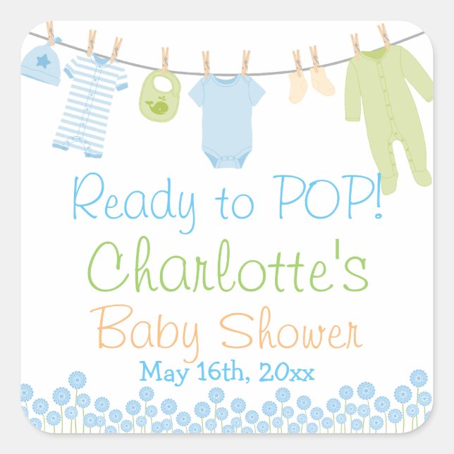 Pegatina Cuadrada ¡Listo Para Ser POP! Lil Clothes Baby Shower azul  (Anverso)