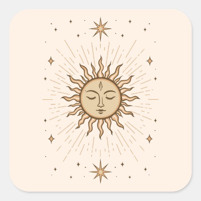 Pegatina Cuadrada Litha Celestial Sun Face Summer Solstice Art (Anverso)