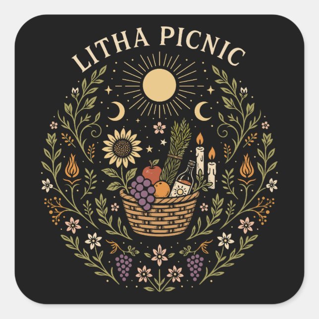 Pegatina Cuadrada Litha Picnic Summer Solstice Celestial Art (Anverso)