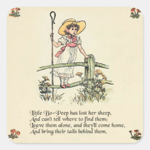 Pegatina Cuadrada Little Bo-Peep: Clásica Kate Greenaway Nursery