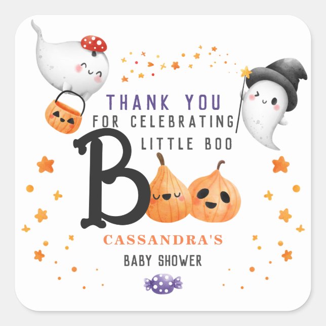 Pegatina Cuadrada Little Boo Cute Halloween Baby Shower Gracias (Anverso)