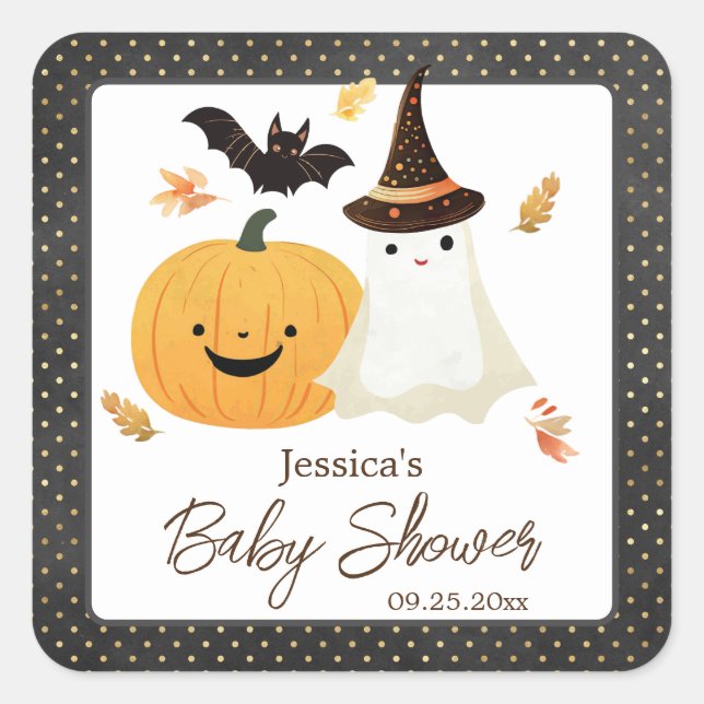 Pegatina Cuadrada Little Boo Halloween Pollka Dot Baby Shower (Anverso)