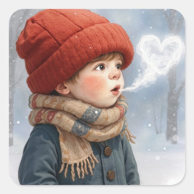 Pegatina Cuadrada Little Boy with Frosty Heart Breath (Anverso)