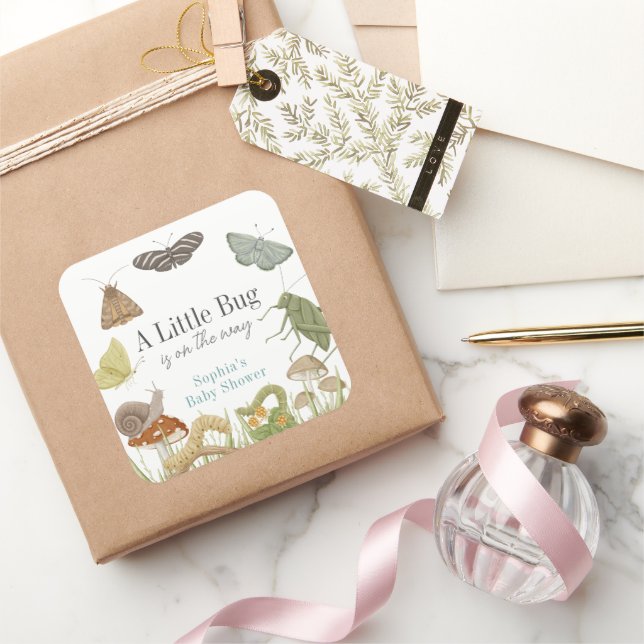 Pegatina Cuadrada Little Bug Insects Mushroom Boy Baby Shower (Regalar)