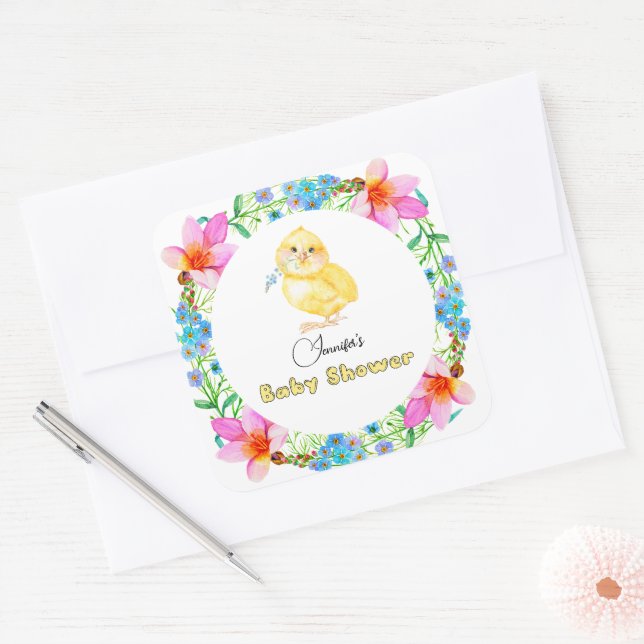 Pegatina Cuadrada Little Chick Floral Baby Shower (Sobre)