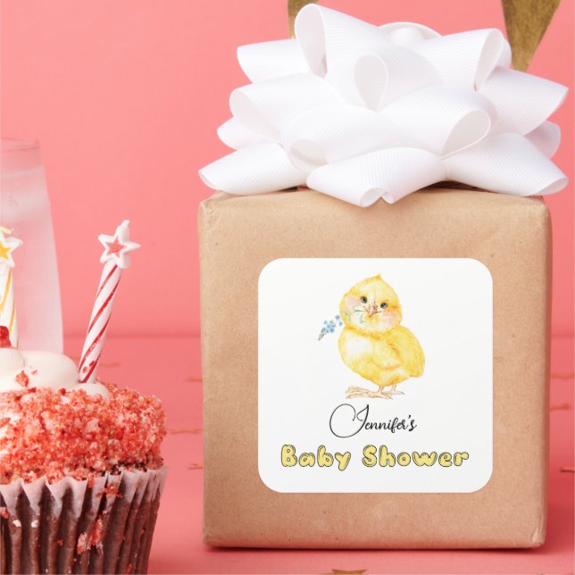 Pegatina Cuadrada Little Chick Floral Baby Shower (Fiesta)