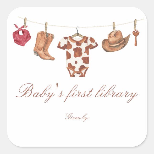 Pegatina Cuadrada Little Cowboy Baby shower - baby's first library (Anverso)