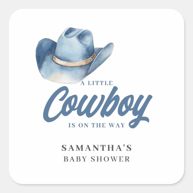 Pegatina Cuadrada Little Cowboy Blue Western Boy Baby Shower  (Anverso)