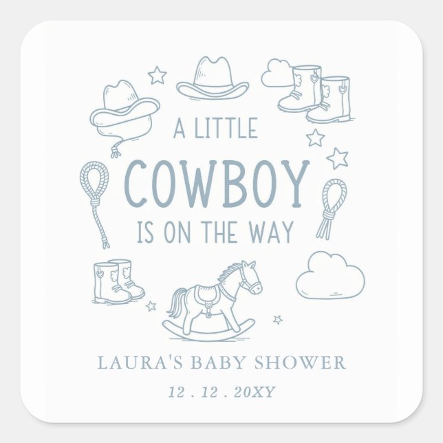 Pegatina Cuadrada Little Cowboy Boy Baby Shower (Anverso)