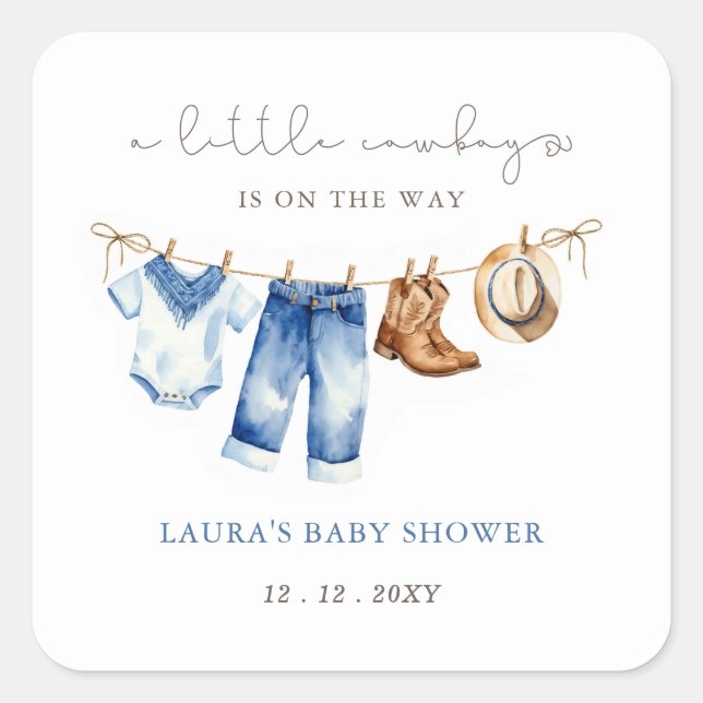 Pegatina Cuadrada Little Cowboy Boy Baby Shower (Anverso)