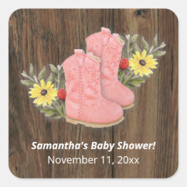 Pegatina Cuadrada Little Cowgirl Bootie Dark Wood Baby Shower