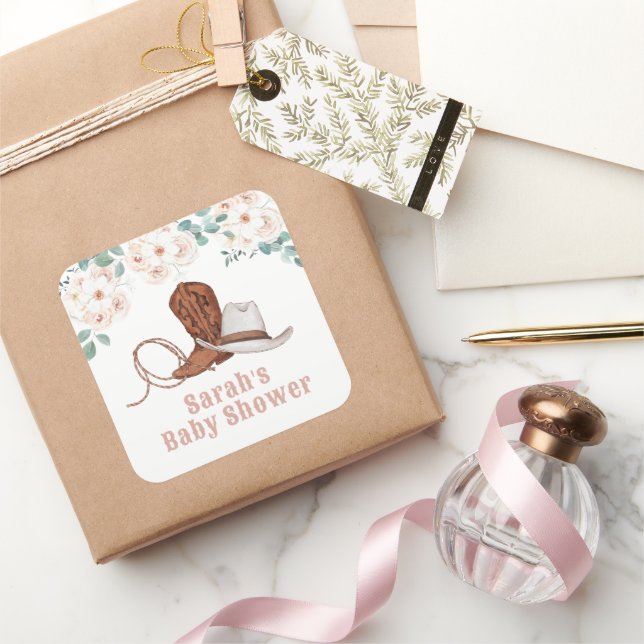 Pegatina Cuadrada Little Cowgirl Western Floral Girl Baby Shower (Regalar)