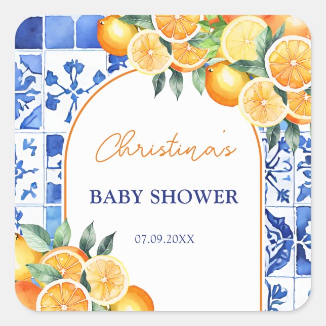 Pegatina Cuadrada Little Cutie Citrus Baby Shower (Anverso)