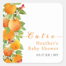 Pegatina Cuadrada Little Cutie Citrus Naranja Clementine Baby Shower