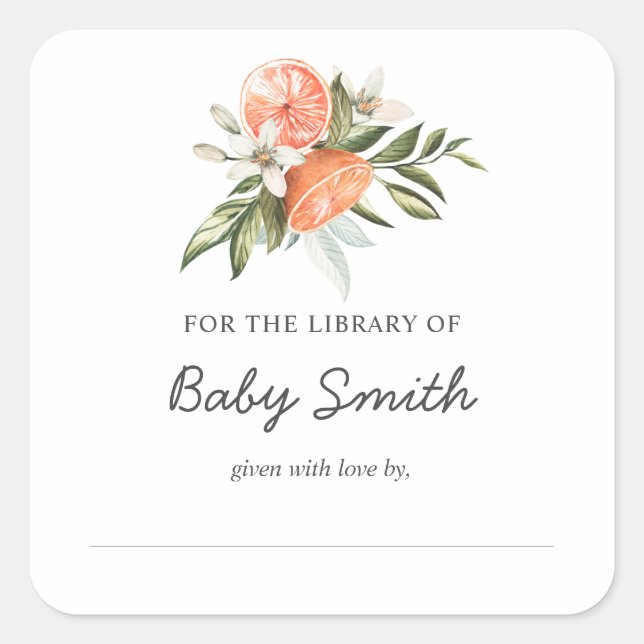 Pegatina Cuadrada Little Cutie Clementine Baby Shower Bookplate (Anverso)