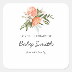Pegatina Cuadrada Little Cutie Clementine Baby Shower Bookplate
