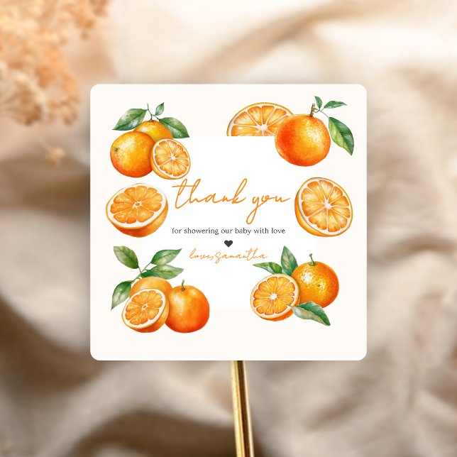 Pegatina Cuadrada Little Cutie Orange Baby Shower (Little Cutie Baby Shower Sticker)