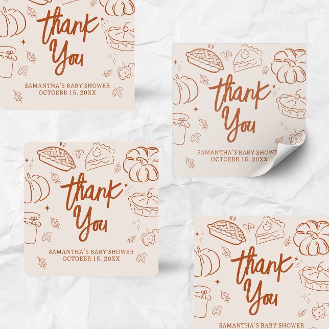 Pegatina Cuadrada Little Cutie Pie Fall Baby Shower (Hand Drawn Little Cutie Pie Baby Shower Sticker)