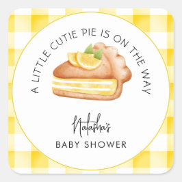 Pegatina Cuadrada Little Cutie Pie Yellow Gingham Plaid Baby Shower