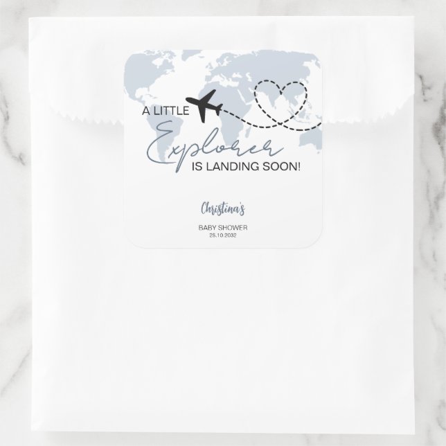 Pegatina Cuadrada Little Explorer Adventure Blue Baby Shower (Bolso)