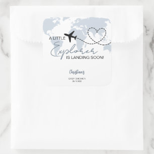 Pegatina Cuadrada Little Explorer Adventure Blue Baby Shower