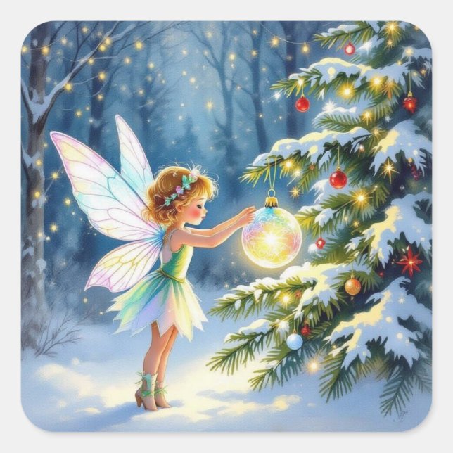 Pegatina Cuadrada Little Fairy Decorating Christmas Trees (Anverso)