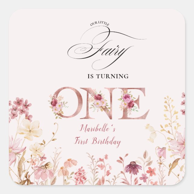 Pegatina Cuadrada Little Fairy Floral Garden First Birthday  (Anverso)