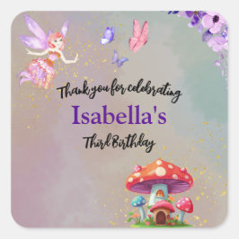 Pegatina Cuadrada Little Fairy Mushroom House Butterflies Any Age