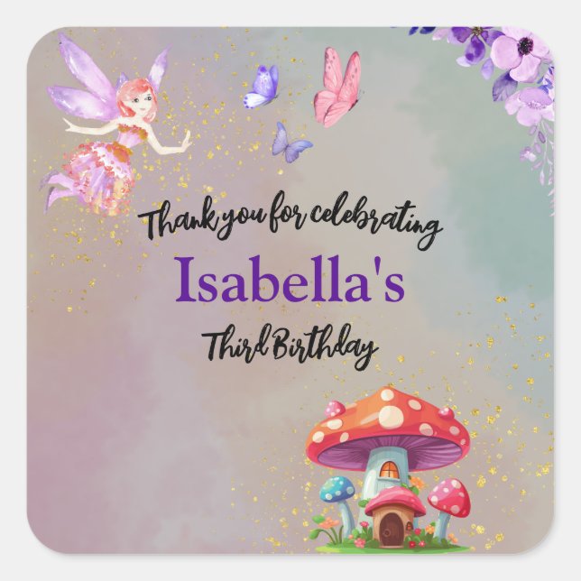 Pegatina Cuadrada Little Fairy Mushroom House Butterflies Any Age (Anverso)