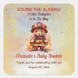Pegatina Cuadrada Little Firefighter Teddy Bear Baby Shower 