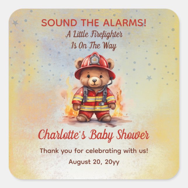 Pegatina Cuadrada Little Firefighter Teddy Bear Baby Shower  (Anverso)