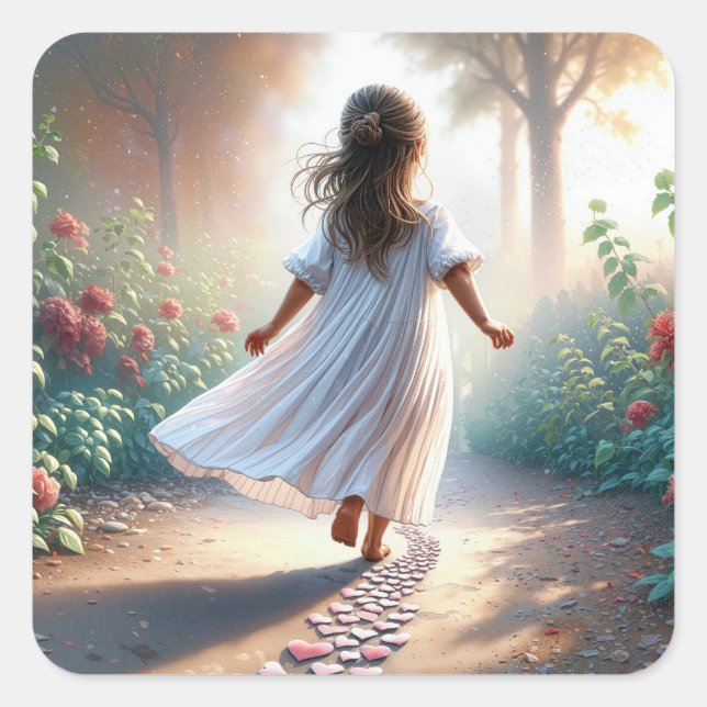 Pegatina Cuadrada Little Girl Running On a Pink Heart Path (Anverso)