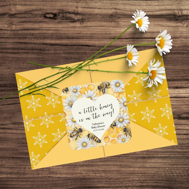 Pegatina Cuadrada Little Honey Bee Comb Daisy Spring Baby Shower (Subido por el creador)