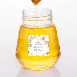 Pegatina Cuadrada Little Honey Bee Yellow Floral Baby Shower