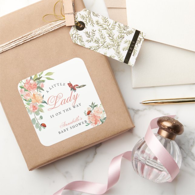 Pegatina Cuadrada Little Lady Ladybug Roses Girl Baby Shower (Regalar)