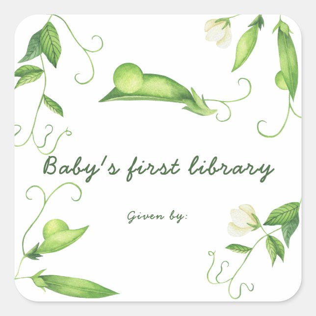 Pegatina Cuadrada Little Pea Baby Shower - La primera biblioteca del (Anverso)
